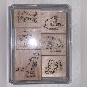 STAMPIN UP! Storybook Friends Stamp Set of 6 Fox Cats & Dogs Rubber Wooden Block